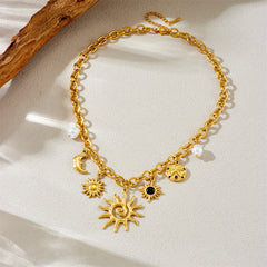 Celestial Sun Moon Pearl Gold Plated Charm Stainless Steel Necklace