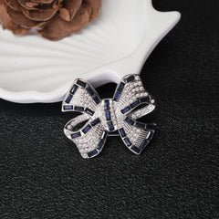 Blue Baguette Ribbon Bow Silver Plated CZ Copper Anti Tarnish Brooch