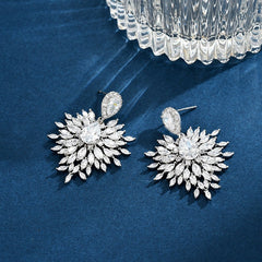 Luxury White Floral CZ Silver Plated Copper Chandelier Drop Earrings