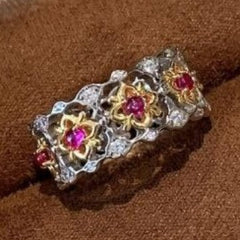 Flower Pink Gold Silver Cubic Zirconia Anti Tarnish Adjustable Ring For Women