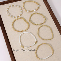 Multi Layer Gold Plated White Pearl Beads Copper Bracelet For Women