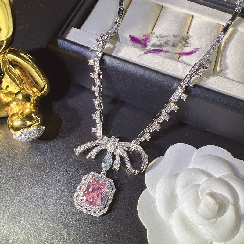 Emerald Cut CZ Bow Silver Plated Copper Necklace Combo Set For Women