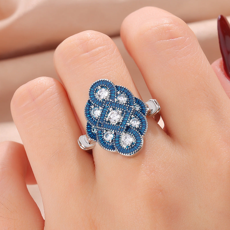 Designer Blue Floral Silver Plated CZ Copper Anti Tarnish Cocktail Ring
