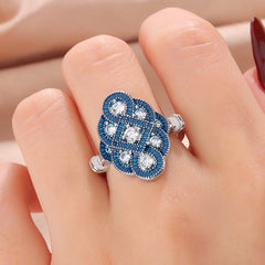 Designer Blue Floral Silver Plated CZ Copper Anti Tarnish Cocktail Ring