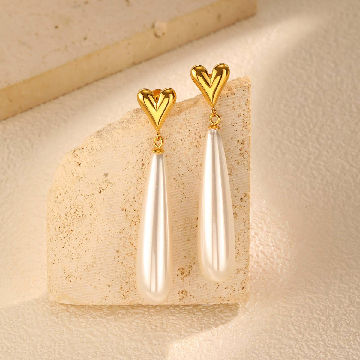 Heart Gold Plated Pearl Anti Tarnish Stainless Steel Dangler Earrings