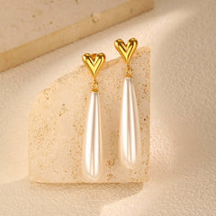 Heart Gold Plated Pearl Anti Tarnish Stainless Steel Dangler Earrings
