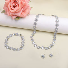 Sparkling Floral Silver Plated CZ Anti Tarnish Copper Necklace Combo Set