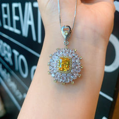 Flower Rectangle Yellow Gemstone Silver Cubic Zirconia Necklace Earring Ring Set For Women