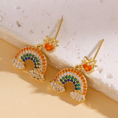 Designer Multi Color Rainbow Horseshoe Gold CZ Copper Drop Earrings