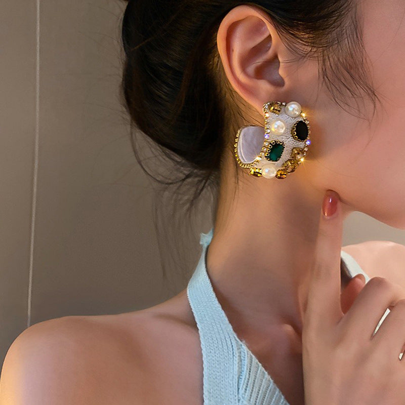 18K Gold Plated White Black Multi Gemstone Cubic Zirconia Pearl Hoop Earring For Women