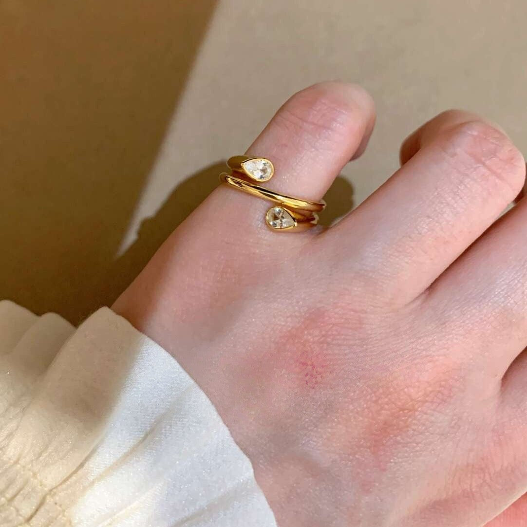 Gold Pear Oval Cubic Zirconia Copper Adjustable Ring For Women