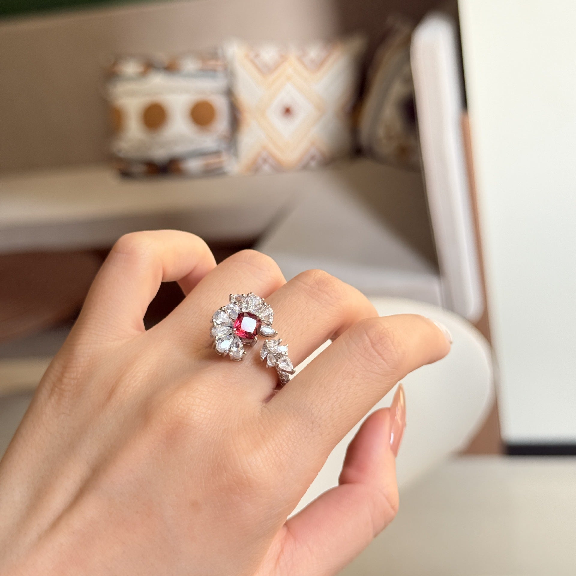 Red Flower Bloom Silver Cubic Zirconia Copper Adjustable Ring For Women