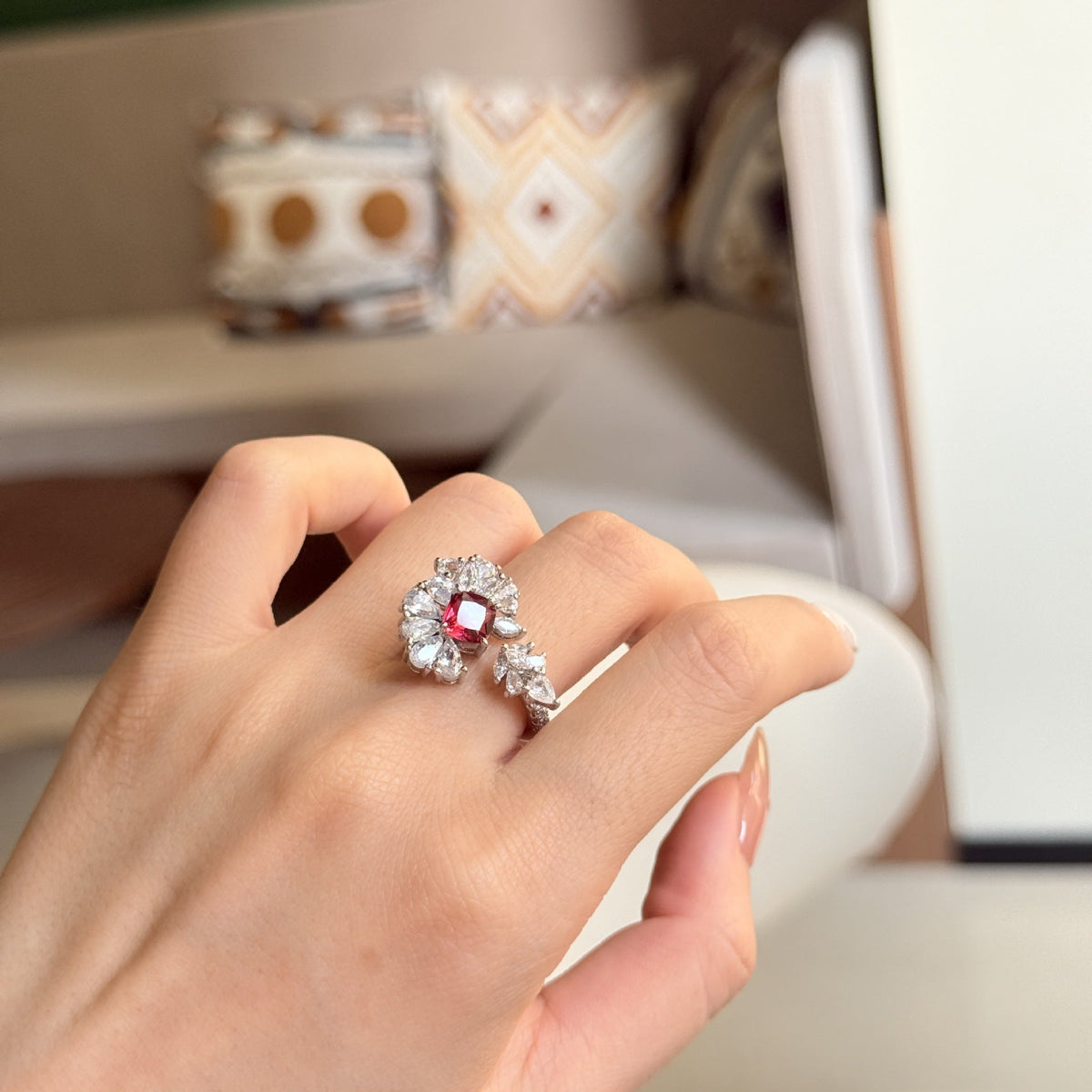 Red Flower Bloom Silver Cubic Zirconia Copper Adjustable Ring For Women