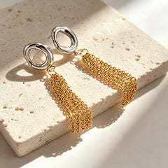Dual Tone Gold Silver Plated Chain Tassel Stainless Steel Drop Earrings