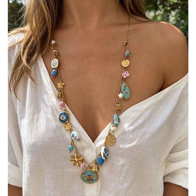 Luxury Multi Color Turquoise Gold Plated Beads Copper Necklace For Women