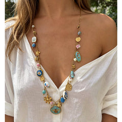 Luxury Multi Color Turquoise Gold Plated Beads Copper Necklace For Women