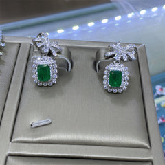 Bow Design Emerald Cut Green CZ Silver Plated Copper Necklace Combo Set