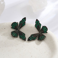 Modern Geometric Butterfly Wings Black Green CZ Copper Stud Earrings