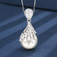 Drop White Silver Pearl Cubic Zirconia Necklace Earring Set For Women