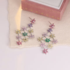 Multi Color Floral Silver CZ Anti Tarnish Copper Dangler Earrings