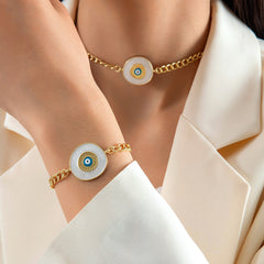 Evil Eye Enamel White 18K Gold Chocker Necklace Chain Bracelet Set For Women
