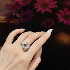 Red Flower Bloom Silver Cubic Zirconia Copper Adjustable Ring For Women