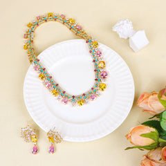 Elegant Gold Tone Pink Yellow White CZ Copper Necklace Earring Set