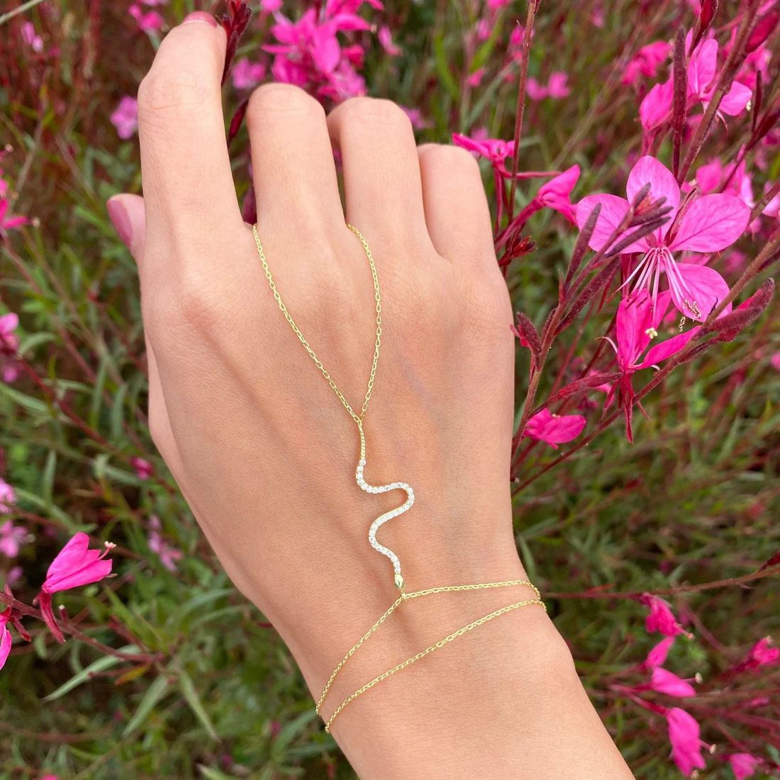 Snake Solitaire18K Gold Link Chain Bracelet Joint Ring For Women