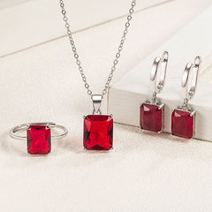 Rectangle Solitaire Silver Multi Color Cubic Zirconia Pendant Chain Earring Ring Set For Women