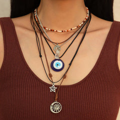 Star Moon Evil Eye Beads Silver Layer Necklace Pendant Chain For Women