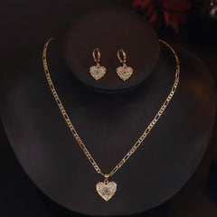 Heart Evil Eye 18K Gold Cubic Zirconia Necklace Pendant Chain Earring Set For Women