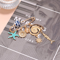 Blue Gold Ocean Safety Pin Enamel Brooch For Women