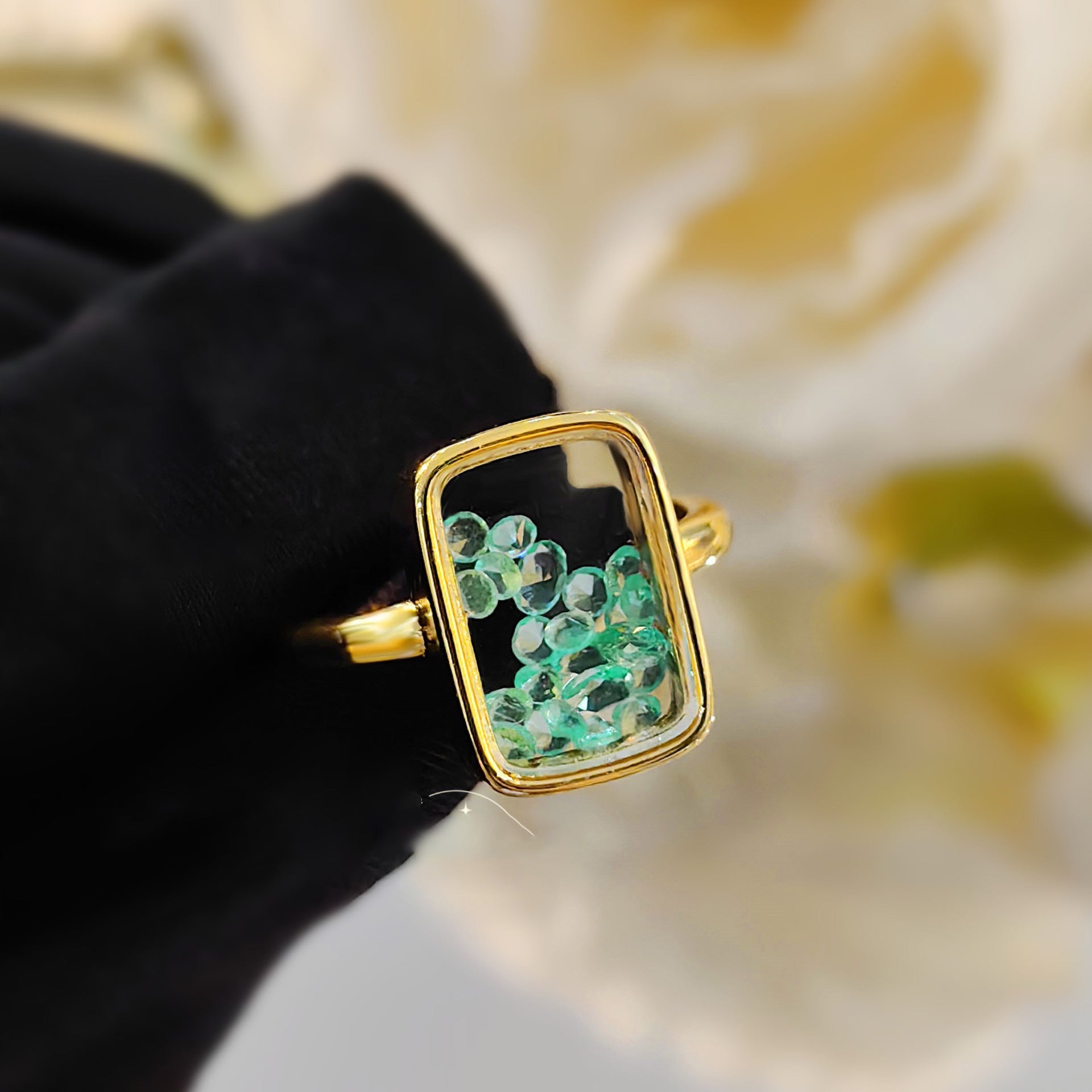 Rectangle Inside Beads Green 18K Gold Anti Tarnish Free Size Ring For Women