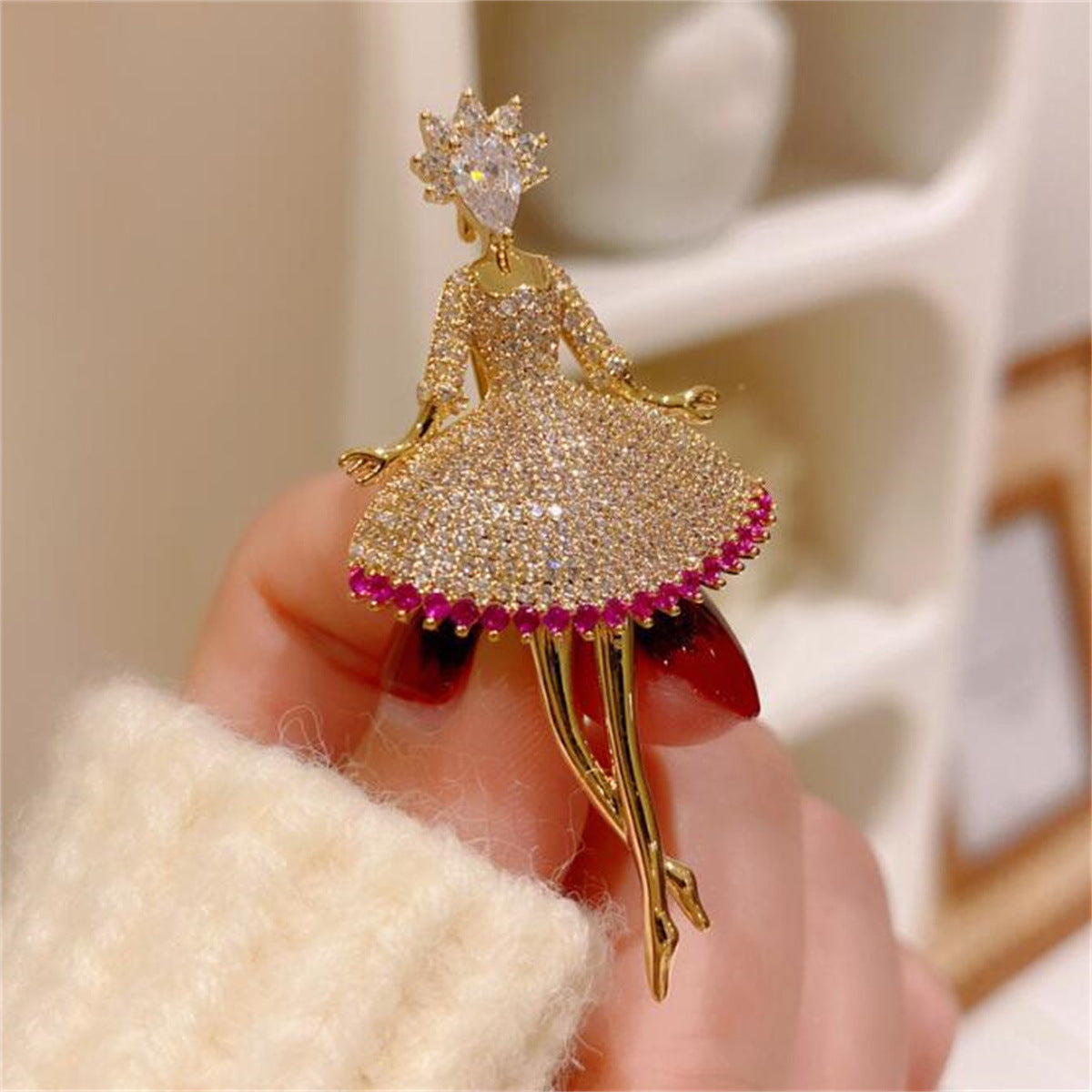 Pink Trendy Dancing Girl Gold Plated CZ Copper Anti Tarnish Brooch