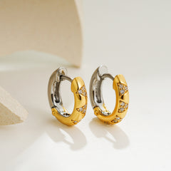 Chunky Dual Tone Gold Silver Plated CZ Stainless Steel Hoop Earrings
