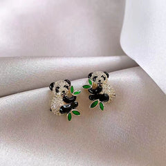 Luxury Gold Plated Panda Bear Green Enamel CZ Crystal Stud Earrings