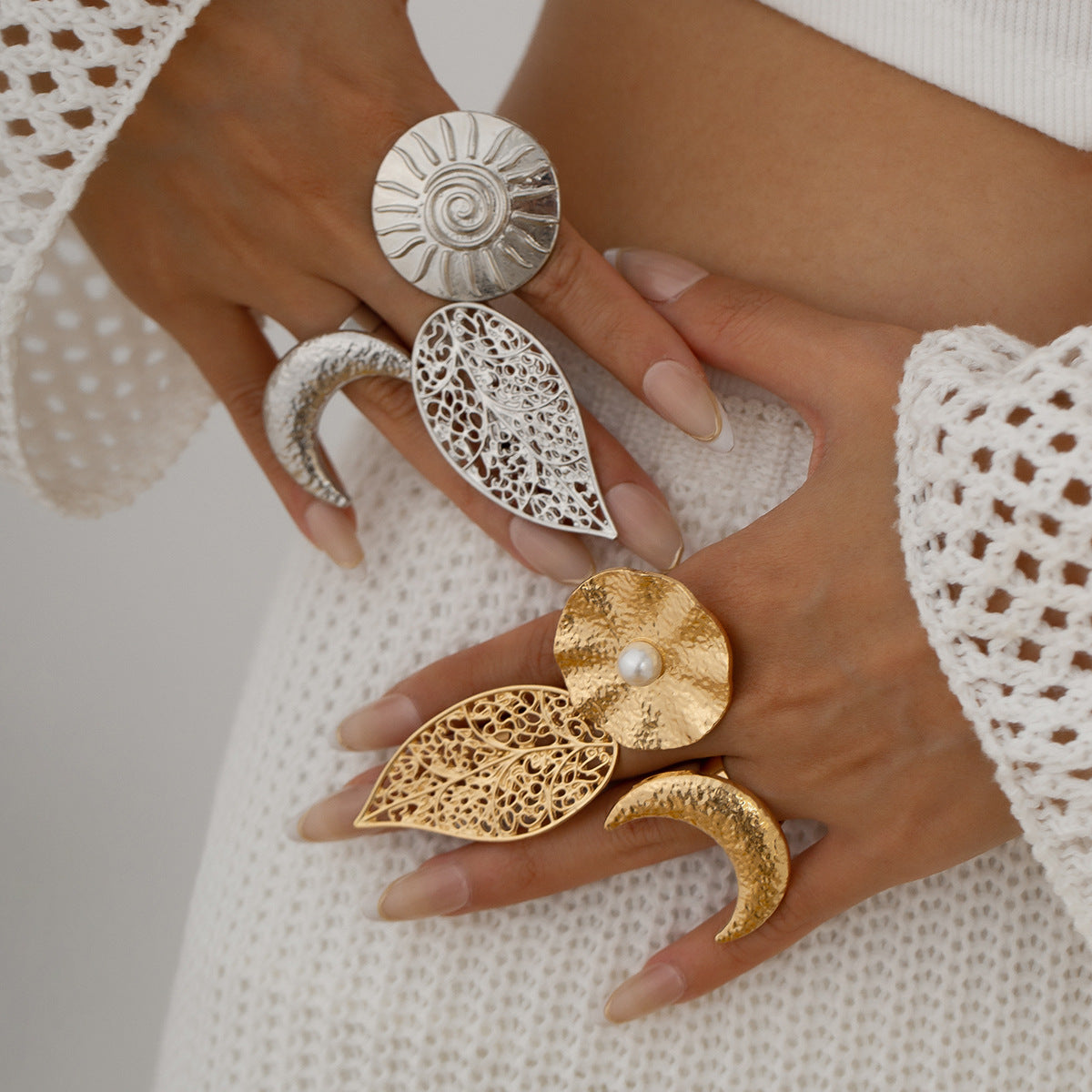 Beaten Finish Crescent Moon 18K Gold Free Size Ring For Women