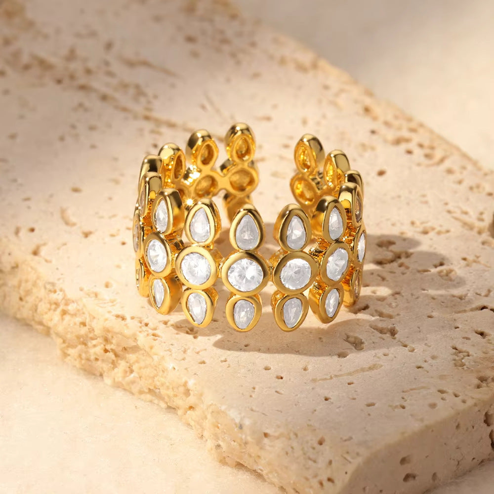 White Classic Flower Cluster Gold CZ Copper Adjustable Fancy Ring