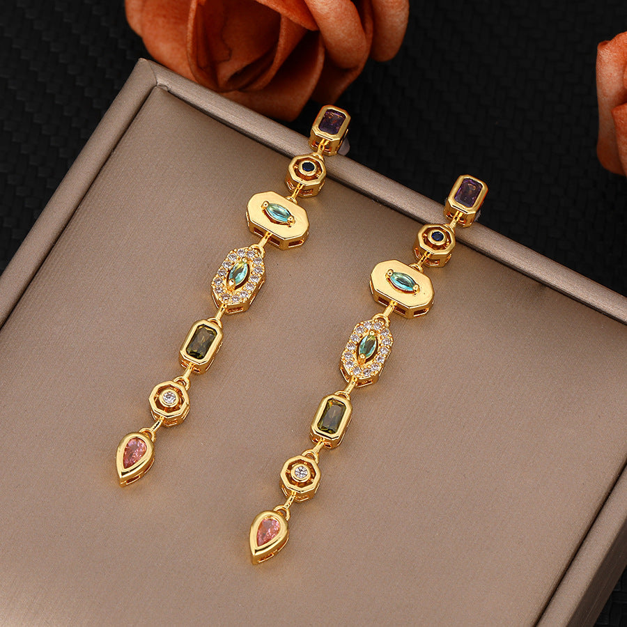 Gold Silver Spectrum Chunky Cubic Zirconia Copper Dangler Earrings Women