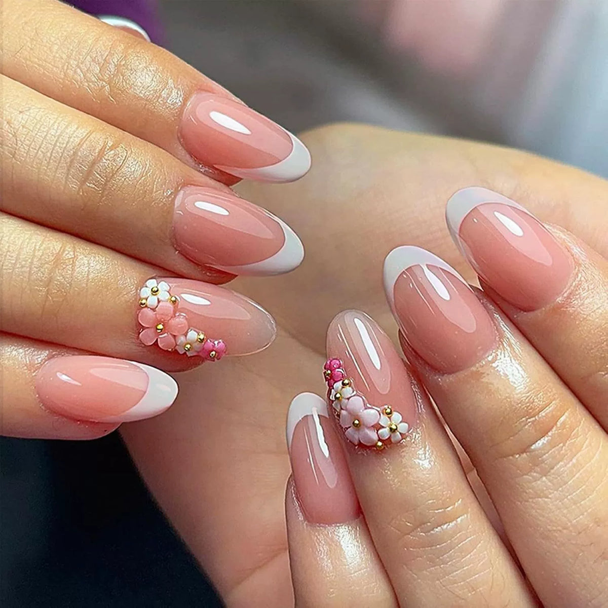 Elegant Floral Peach Pink French Tip Press-On Nails Pack Of 10 Bulk