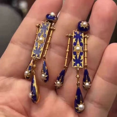 Vintage Art Deco Style Blue Enamel Gold Pearl Copper Dangler Earrings