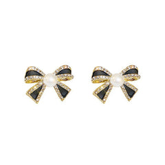 Black Bow Knot Gold Plated Rhinestone Pearl Stud Earrings For Women