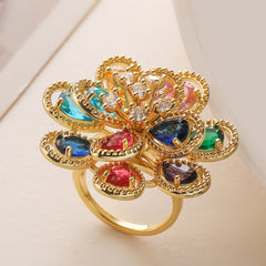 Flower Rainbow Solitaire On Surface 18K Gold Cubic Zirconia Anti Tarnish Adjustable Ring For Women Group1