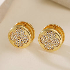 Gold Clover Cubic Zirconia Anti Tarnish Copper Stud Earrings For Women