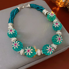 Designer Floral Green Beads Gold Silver Copper Necklace Earring Set