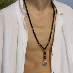 Black Brown Beads Anchor Wheel Silver Long Necklace Chain For Men Women