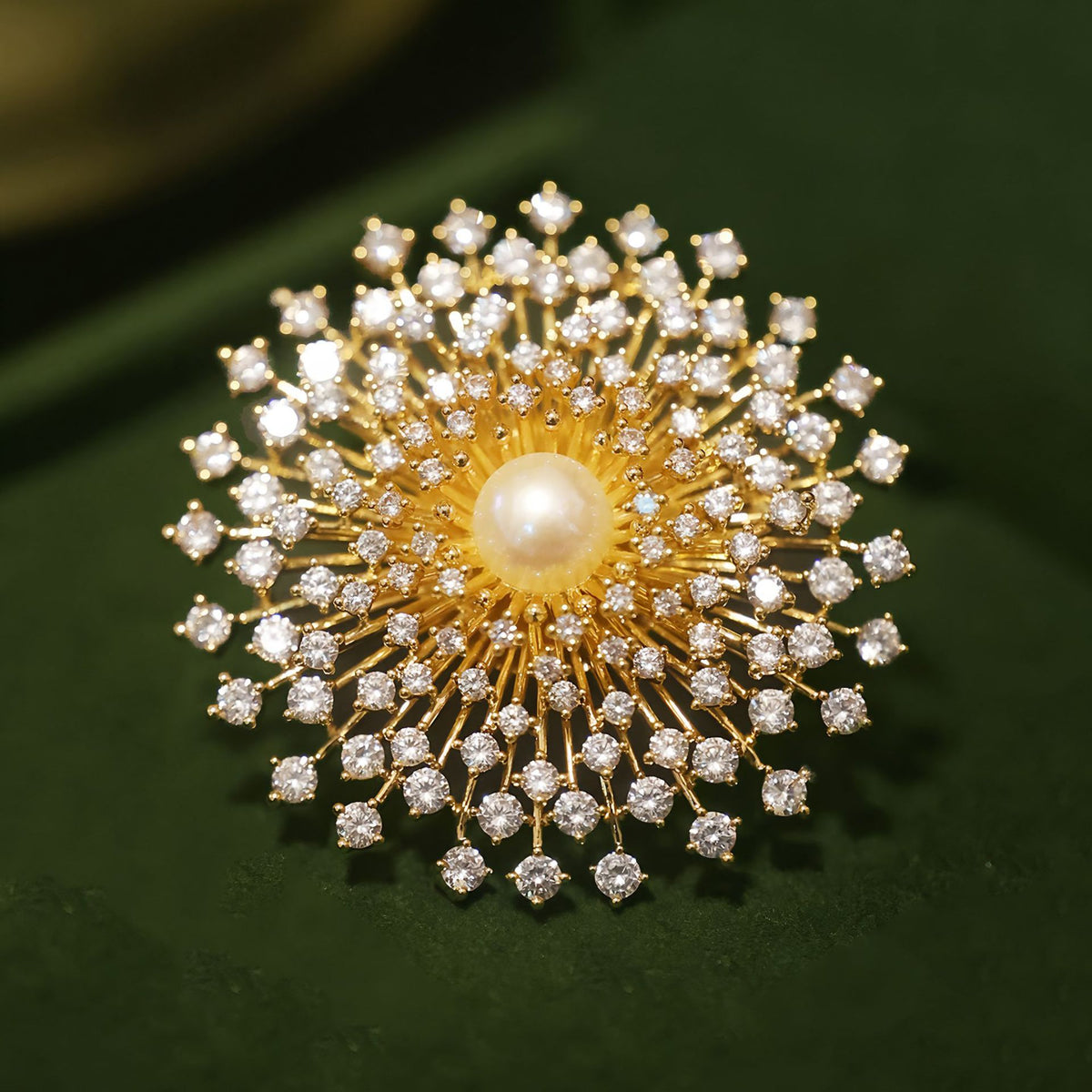 Designer Round Floral Gold Silver Plated CZ Pearl Copper Brooch