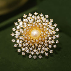 Designer Round Floral Gold Silver Plated CZ Pearl Copper Brooch