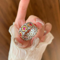 Flower Pink Gold Silver Cubic Zirconia Anti Tarnish Adjustable Ring For Women