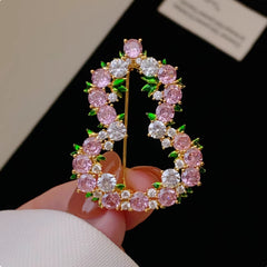 Designer Floral Oval Gold Plated Pink & White CZ Alloy Brooch For Women